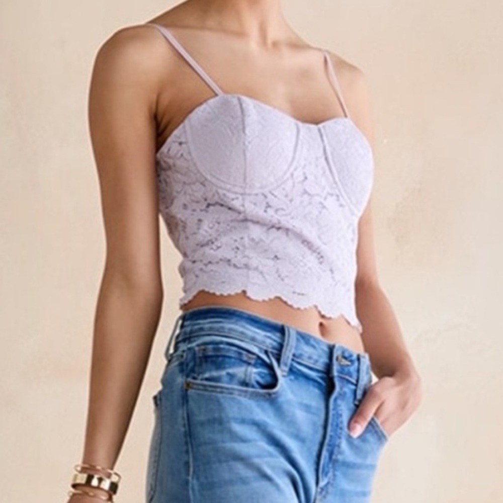 Francesca’s Audrey Parks Lavender Lace Corset Crop Top